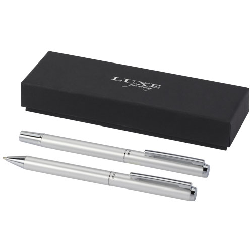Lucetto presentförpackning med kulspetspenna och rollerballpenna i återvunnen aluminium (svart bläck)