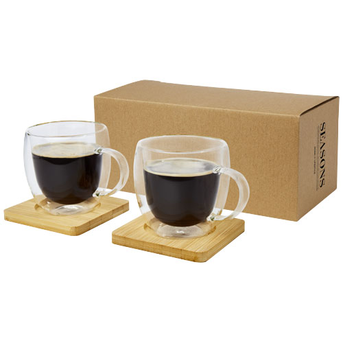 Manti två stycken 250 ml glaskopp med dubbelvägg och underlägg av bambu