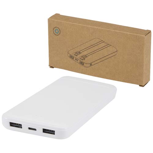 Adhil 10 000 mAh 10 W powerbank av återvunnen plast med två inbyggda kablar