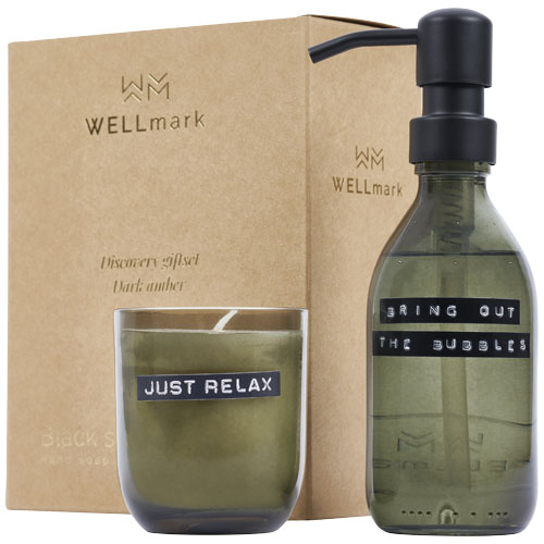 Wellmark Discovery set med 200 ml handtvål med pump och 150 g doftljus – mörk bärnstensdoft