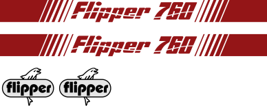 Flipper 760 Komplett innehållande: 2st flipperdekaler med stripes på höger + vänster sida. Totallängd 2290mm. 2st flipperloggor ca 235mm bred.