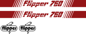 Flipper 760 Komplett innehållande: 2st flipperdekaler med stripes på höger + vänster sida. Totallängd 2290mm. 2st flipperloggor ca 235mm bred.