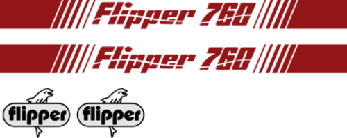 Flipper 760 Komplett innehållande: 2st flipperdekaler med stripes på höger + vänster sida. Totallängd 2290mm. 2st flipperloggor ca 235mm bred.