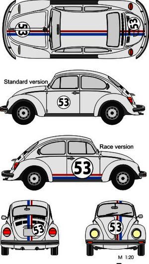Datorskuren dekorsats i självhäftande folie. Dekorkit replica av Herbie. Det finns två varianter. Dels standard med mindre siffror på dörrarna. Raceversionen har även stripes på dörrar samt större siffror.