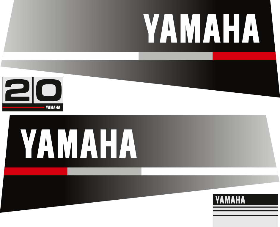 20hk Svart/rött/grått Svart/rött/grått Komplett innehållande: 2st Dekaler för Yamaha 20hk och 1st bakre dekal med 20hk