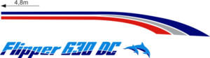 Komplett innehållande: 2st flipper 630 DC texter 2-färg-2st stripes under relingslist 3-färg. Delfin i 2-färger.  ca 4,8meter lång.