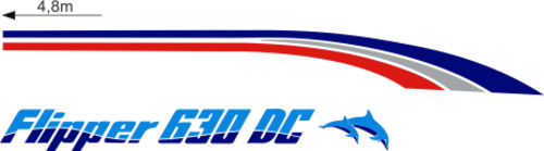 Komplett innehållande: 2st flipper 630 DC texter 2-färg-2st stripes under relingslist 3-färg. Delfin i 2-färger.  ca 4,8meter lång.