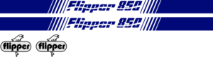 Flipper 850 Komplett innehållande: 2st flipperdekaler med stripes på höger + vänster sida. Totallängd ca 3800mm. 2st stripes för sidor akter. 2st flipperloggor ca 231mm bred under relingen.