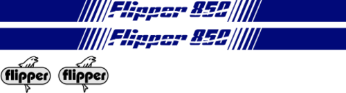 Flipper 850 Komplett innehållande: 2st flipperdekaler med stripes på höger + vänster sida. Totallängd ca 3800mm. 2st stripes för sidor akter. 2st flipperloggor ca 231mm bred under relingen.