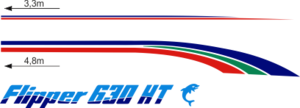 Flipper 630 HT Vitt skrov Blå/grön/röd modell Blå/grön/röd modell Komplett innehållande: 2st flipper 630 HT texter 2-färg-2st. Stripes under relingslist 3-färg. Stripes till överbyggnaden 2-färg. 2 Delfiner.  ca 4,8meter lång.