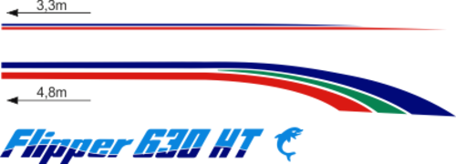 Flipper 630 HT Vitt skrov Blå/grön/röd modell Blå/grön/röd modell Komplett innehållande: 2st flipper 630 HT texter 2-färg-2st. Stripes under relingslist 3-färg. Stripes till överbyggnaden 2-färg. 2 Delfiner.  ca 4,8meter lång.