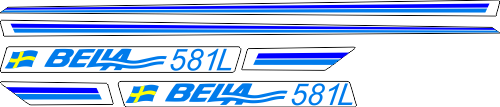 1755mm bred blå/ljusblå Datorskuren dekalsats i självhäftande folie. Leverans med appliceringstejp. Komplett innehållande: 2st Stripes i blått/ljusblått 1755mm. 2st dekaler med Bella 581L och svenska flaggan 845mm, 2st stripes 397mm