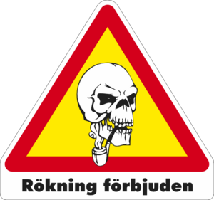 Gul/röd/vt/svart Varningsdekal. Rökning förbjuden med rökande döskalle