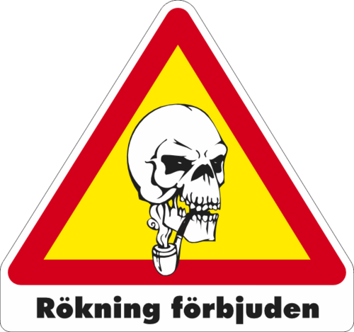 Gul/röd/vt/svart Varningsdekal. Rökning förbjuden med rökande döskalle