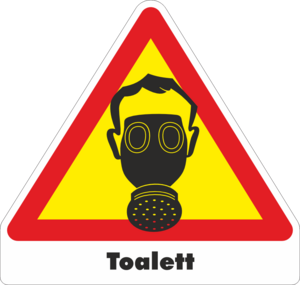 Gul/röd/vt/svart Varningsdekal. Toalett med gasmask
