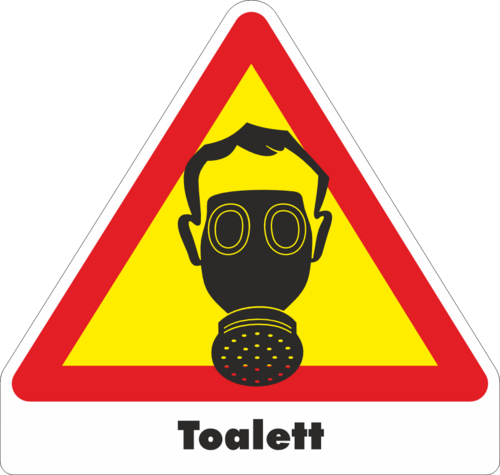 Gul/röd/vt/svart Varningsdekal. Toalett med gasmask