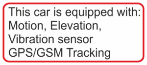 Varningsdekal för bilar som är utrustade med alla världens stöldskydd och spårningssystem.