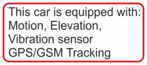 Varningsdekal för bilar som är utrustade med alla världens stöldskydd och spårningssystem.