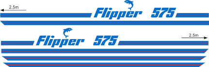 Flipper 575 Blått/rött Komplett innehållande: 2st flipperdekal / logoer 2st stripes vattenlinje, 2st stripes kabin. Blått & rött i originalfärg
