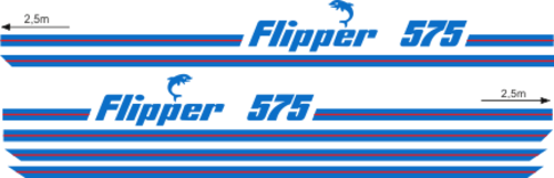 Flipper 575 Blått/rött Komplett innehållande: 2st flipperdekal / logoer 2st stripes vattenlinje, 2st stripes kabin. Blått & rött i originalfärg