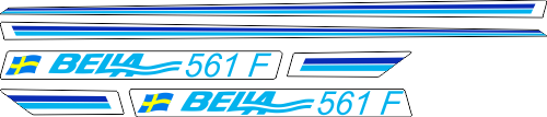 1755mm bred blå/ljusblå blå/ljusblå Datorskuren dekalsats i självhäftande folie. Leverans med appliceringstejp. Komplett innehållande: 2st Stripes i blått/ljusblått. 1755mm långa. 2st dekaler med Bella 561F och svenska flaggan.
