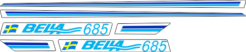 1755mm bred blå/ljusblå blå/ljusblå Datorskuren dekalsats i självhäftande folie. Leverans med appliceringstejp. Komplett innehållande: 2st Stripes i blått/ljusblått. 1755mm långa. 2st dekaler med Bella 685 och svenska flaggan.