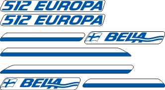 Datorskuren dekalsats i självhäftande folie. Leverans med appliceringstejp. Komplett innehållande: 2st dekaler 512 Europa 544mm, 2st dekaler Bella med flagga 417mm, 4st dekal/stripes varav 2st 690mm, 2st 427mm
