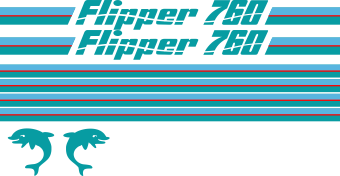 Flipper 760 Blått/rött Blått/rött Komplett innehållande: 2st flipperdekal / logoer 2st stripes vattenlinje, 2st stripes kabin. Turkos, ljusblå och röd.