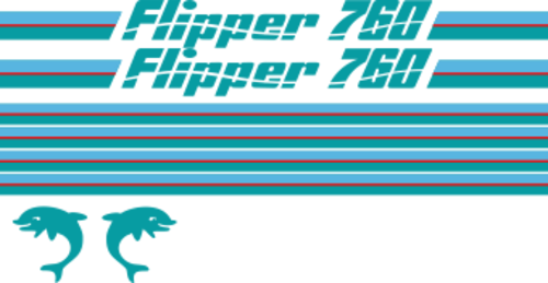Flipper 760 Blått/rött Blått/rött Komplett innehållande: 2st flipperdekal / logoer 2st stripes vattenlinje, 2st stripes kabin. Turkos, ljusblå och röd.
