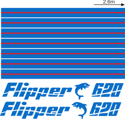 Flipper 620 Blått/rött Blått/rött Komplett innehållande: 2st flipperdekal / logoer 2st stripes vattenlinje, 2st stripes kabin (delat i två delar). Blått & rött i originalfärg