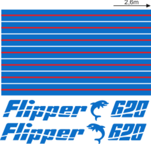 Flipper 620 Blått/rött Blått/rött Komplett innehållande: 2st flipperdekal / logoer 2st stripes vattenlinje, 2st stripes kabin (delat i två delar). Blått & rött i originalfärg