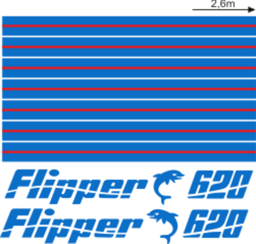 Flipper 620 Blått/rött Blått/rött Komplett innehållande: 2st flipperdekal / logoer 2st stripes vattenlinje, 2st stripes kabin (delat i två delar). Blått & rött i originalfärg