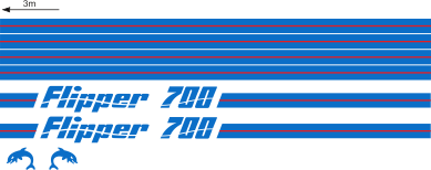 Flipper 700 Komplett innehållande: 2st flipperdekal / logoer 2st stripes vattenlinje, 2st stripes kabin. Blått & rött i originalfärg