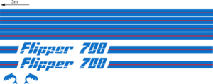 Flipper 700 Komplett innehållande: 2st flipperdekal / logoer 2st stripes vattenlinje, 2st stripes kabin. Blått & rött i originalfärg