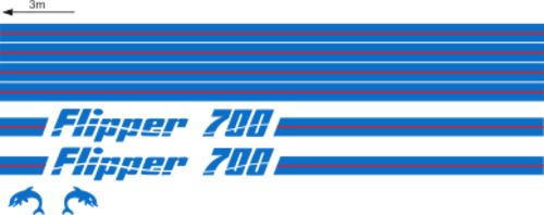 Flipper 700 Komplett innehållande: 2st flipperdekal / logoer 2st stripes vattenlinje, 2st stripes kabin. Blått & rött i originalfärg