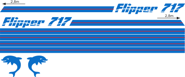 Flipper 717 Blått/rött Blått/rött Komplett innehållande: 2st flipperdekal / logoer 2st stripes vattenlinje, 2st stripes kabin. Blått & rött i originalfärg