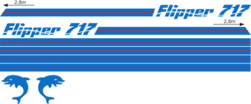 Flipper 717 Blått/rött Blått/rött Komplett innehållande: 2st flipperdekal / logoer 2st stripes vattenlinje, 2st stripes kabin. Blått & rött i originalfärg