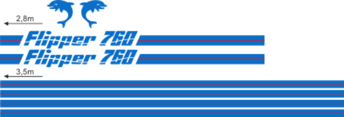 Flipper 760 Blått/rött Blått/rött Komplett innehållande: 2st flipperdekal / logoer 2st stripes vattenlinje, 2st stripes kabin. Blått & rött i originalfärg