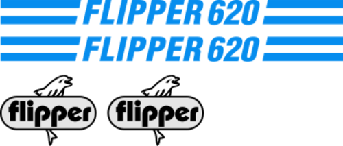 Flipper 620 Komplett innehållande: 2st flipperdekal / logoer  2st stripes kabin. Blåa stripes. Logotyp i svart&silver.