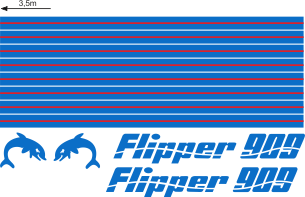 Flipper 909 Blått/rött Blått/rött Komplett innehållande: 2st flipperdekal / logoer med delfiner. Stripes: 
2 x 8300 mm x 60 mm. 
2 x 6200 mm x 78 mm.
2 x 4500 mm x 60 mm 
Blått & rött i originalfärg
