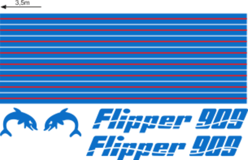 Flipper 909 Blått/rött Blått/rött Komplett innehållande: 2st flipperdekal / logoer med delfiner. Stripes: 
2 x 8300 mm x 60 mm. 
2 x 6200 mm x 78 mm.
2 x 4500 mm x 60 mm 
Blått & rött i originalfärg