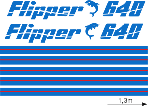 Flipper 640 Blått/rött Blått/rött Komplett innehållande: 2st flipperdekal / logoer med delfiner och 640. 2st stripes 2650MM. Blått & rött i originalfärg