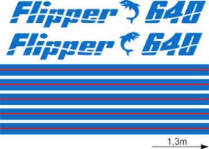 Flipper 640 Blått/rött Blått/rött Komplett innehållande: 2st flipperdekal / logoer med delfiner och 640. 2st stripes 2650MM. Blått & rött i originalfärg