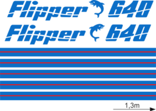 Flipper 640 Blått/rött Blått/rött Komplett innehållande: 2st flipperdekal / logoer med delfiner och 640. 2st stripes 2650MM. Blått & rött i originalfärg