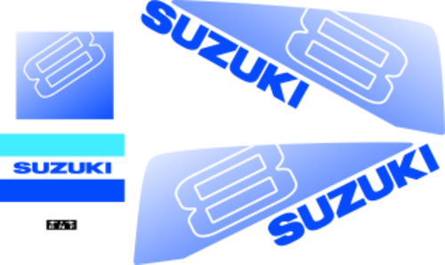 8hk Blått / ljusblått /svart Blått / ljusblått /svart Komplett innehållande: 2st Dekaler för Suzuki 8hk, 1st bakre dekal, 1st främre dekal och 1 dekal  för växel.