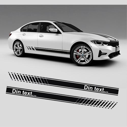 Sidostripe med text Datorskuren sidostreamer av 8-års vinyl. Levereras komplett till båda sidor. Försedd med appliceringstejp för enklare montage.

Ange bilmodell för att få dina stripes anpassade för att passa just di