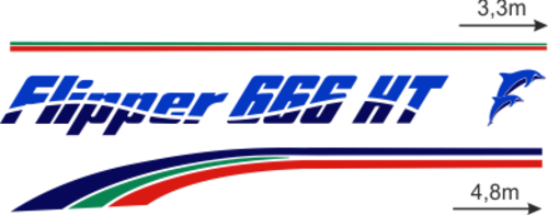 Komplett innehållande: 2st flipper 666 HT texter 2-färg. 2st stripes under relingslist 3-färg  ca 4,8meter lång. Delfin i 2-färger. 2st Stripes över reling 2-färg ca 3,3meter lång.