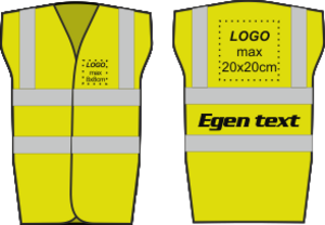 Säkerhetsväst i tre storlekar. Två breda reflexband runt om, certifierad enligt EN471 klass 2, CE märkt. Drag­kedja eller kardborre framtill. Tål maskintvätt.
Logotyper kommer att bli i samma färg som du väljer på texten. Visningsbilden visar bara hur storlek och position kan se ut. Har du andra önskemål skriv detta i kommentarsfältet. Har du önskemål om flerfärgad logotyp ber dig istället att mejla oss en beskrivning så svarar vi med ditt pris.