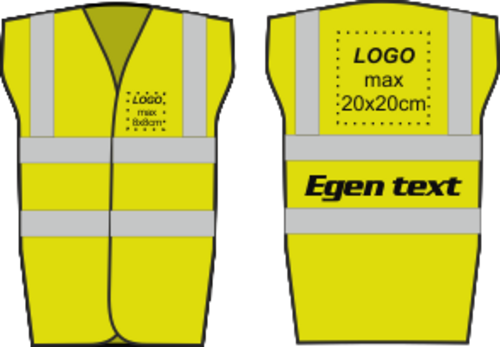 Säkerhetsväst i tre storlekar. Två breda reflexband runt om, certifierad enligt EN471 klass 2, CE märkt. Drag­kedja eller kardborre framtill. Tål maskintvätt.
Logotyper kommer att bli i samma färg som du väljer på texten. Visningsbilden visar bara hur storlek och position kan se ut. Har du andra önskemål skriv detta i kommentarsfältet. Har du önskemål om flerfärgad logotyp ber dig istället att mejla oss en beskrivning så svarar vi med ditt pris.