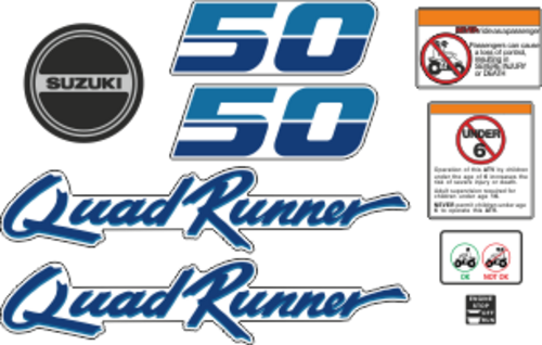 Komplett dekor blå. Innehåller: 2st 50, 2st Quad Runner, 1st motordekal, 1st startknapp samt 3st varningsdekaler. Laminerade dekaler.